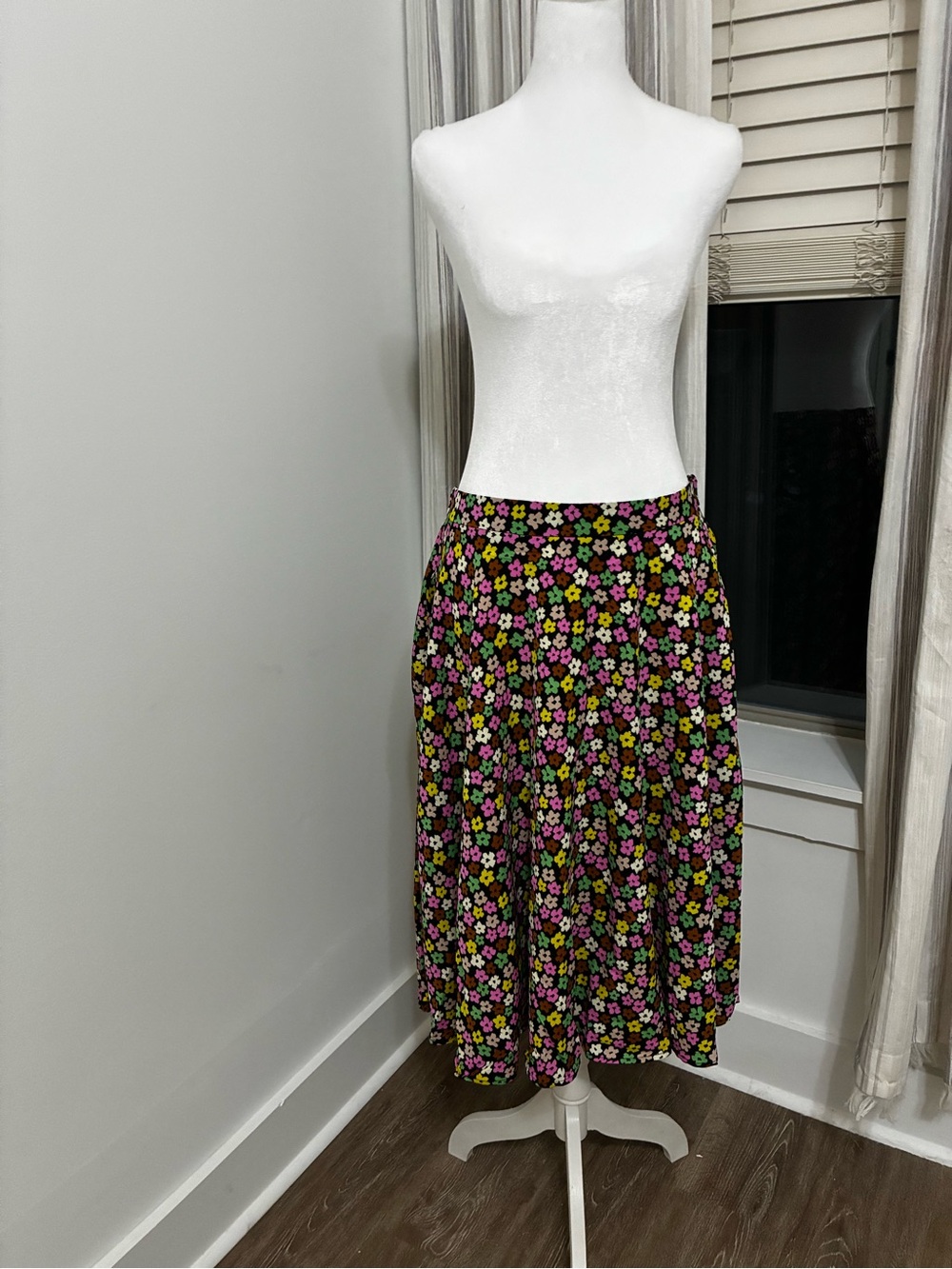 Tulip B Black Floral Midi Skirt with Pink and Green Flowers